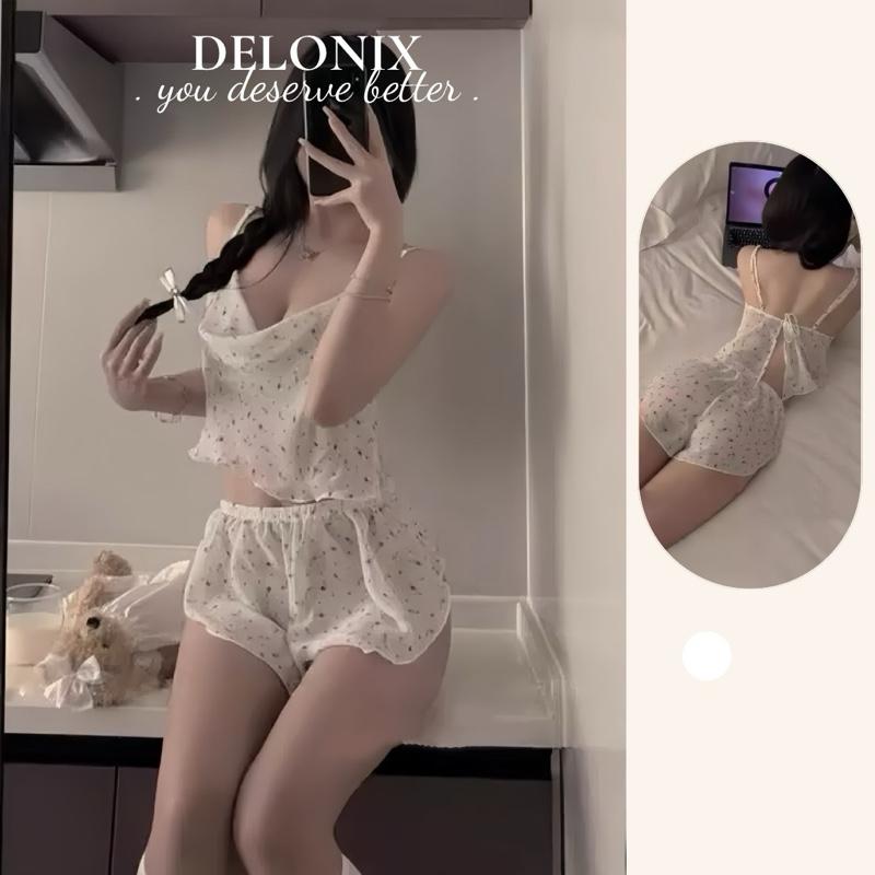 B04 Bộ đồ ngủ lông vũ 2 dây voan mềm mịn thoải mái thắt dây cute lưng tôn dáng baby chuẩn hàng Quảng Châu Cao Cấp nữ Trơn