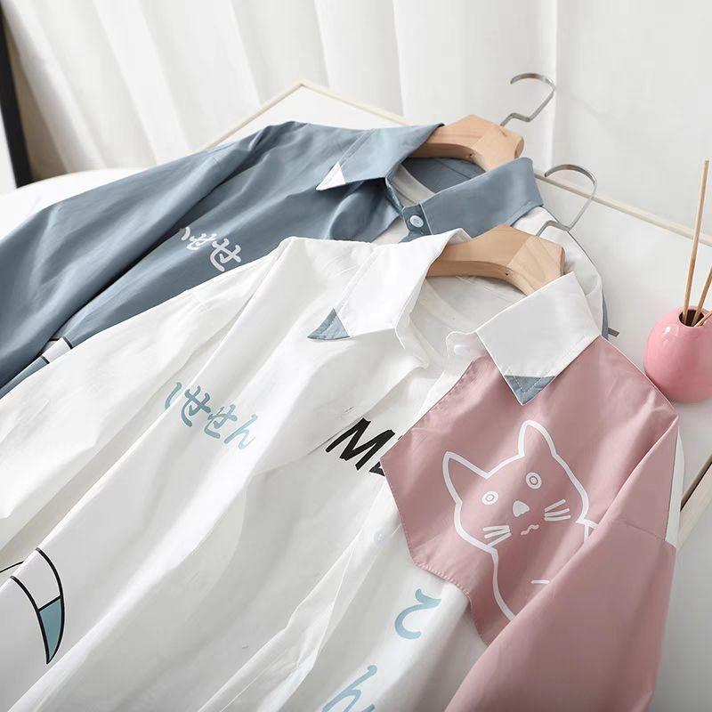 Product Introduction of Áo Sơ Mi Dài Tay Dáng Rộng Phong Cách Preppy, Dành Cho Giới Trẻ, Dành Cho Bé Trai, Xu Hướng Mùa Xuân Và Mùa Thu, Áo Sơ Mi Mèo Hoạt Hình, Thích Hợp Cho Các Cặp Đôi 9