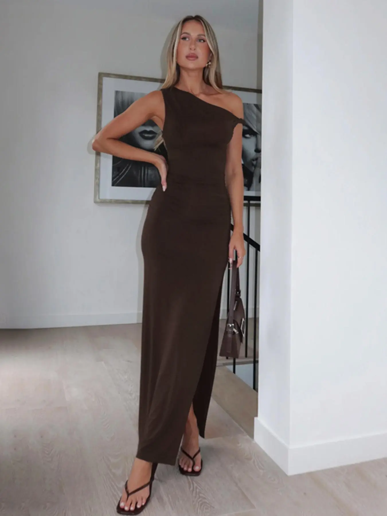 Women's Plain Asymmetrical Neck Dress, Sexy Fashion Casual Split Hem Dress for Party Club Dating Wear, Women Dress for Summer, Womenswear