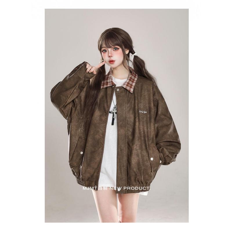Product Introduction of American Retro Spliced plaid Lapel Jacket For Women In Autumn New Loose Bf Trendy Brand Baseball Uniform Pu Leather Jacket 21