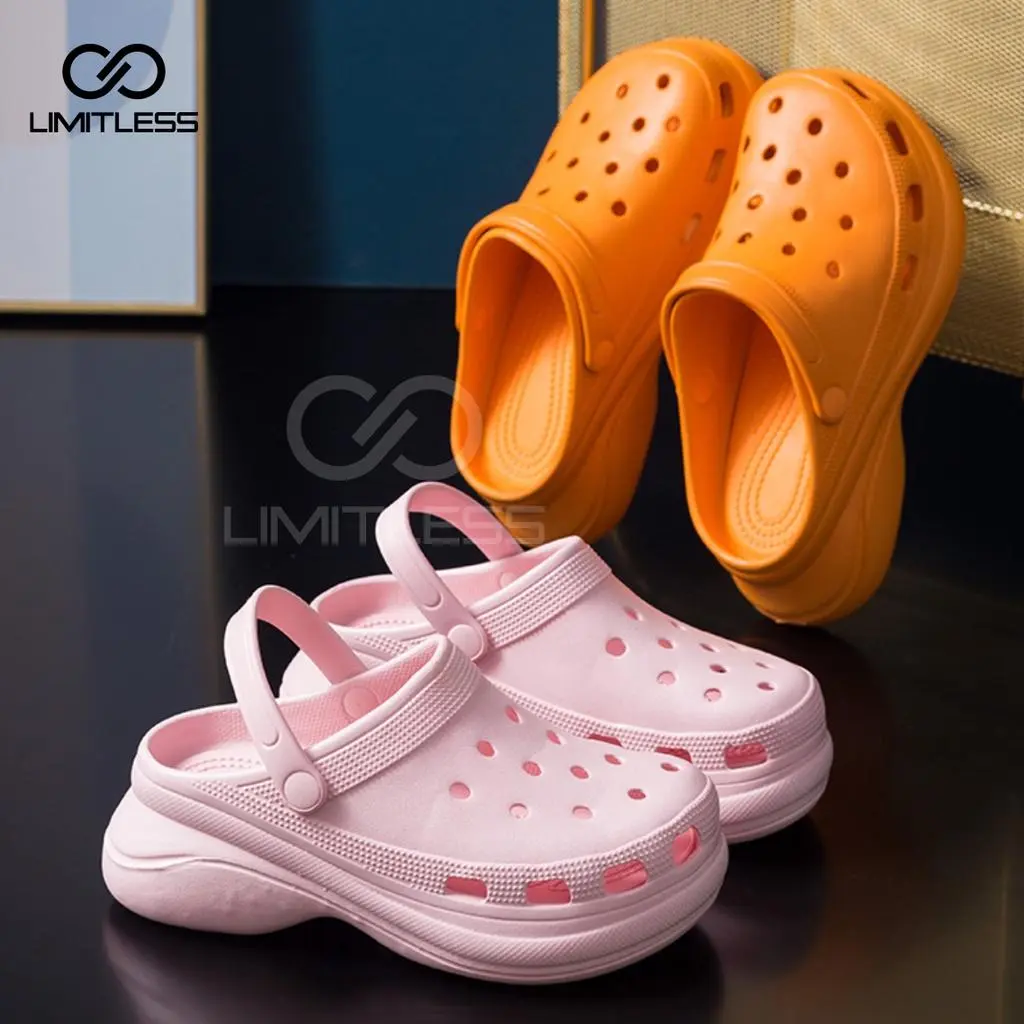 Limitless - Sandal Wanita Selop Terbaru Fuji Hak Tinggi Polos Tali Sendal Cewek Slip On Modis Outdoor Hitam Pink Karet