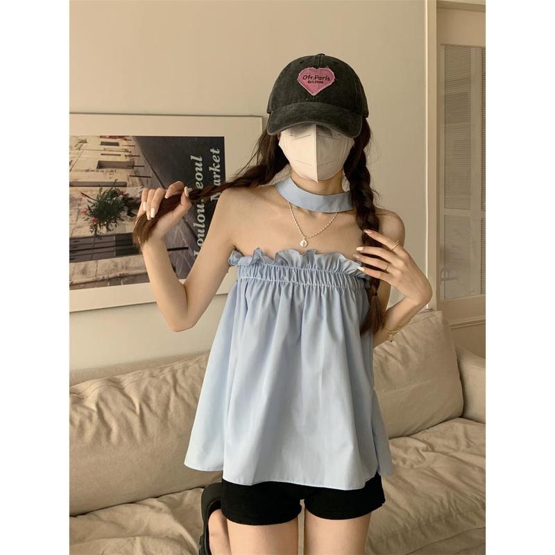 Cocoshop-Áo Ống Cổ Dây Gợi Cảm Cho Nữ, Áo Vest Lệch Vai Nhỏ, Áo Sơ Mi Búp Bê Ngắn Dáng Rộng Dễ Thương Và Gợi Cảm Kiểu Pháp Mùa Hè Để Mặc Một Lần Và Áo Dưới Nhỏ (60129) Top Denim Women 6
