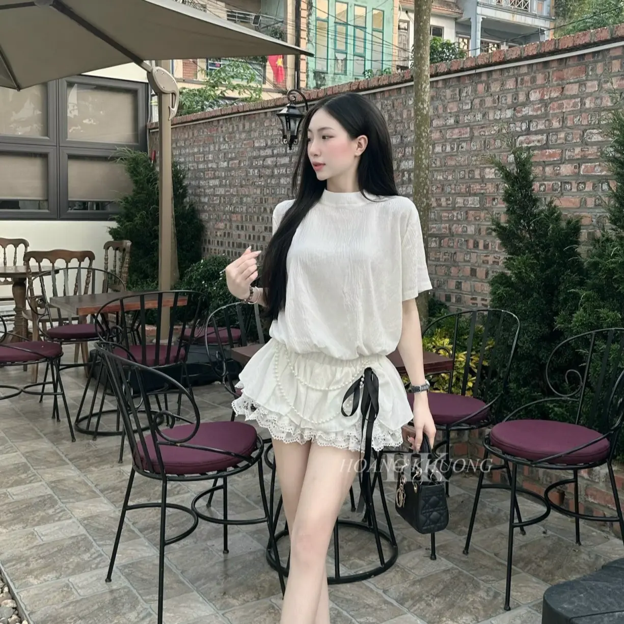 ￼Váy cộc tay thô nhăn pha chân bèo đính dây Nữ Women