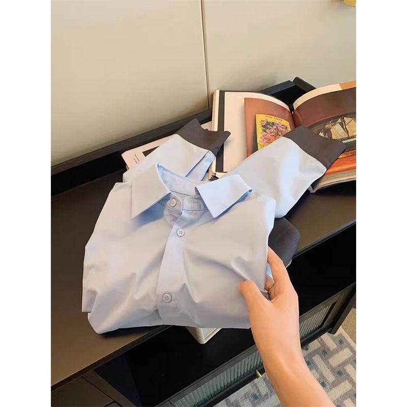 Áo Sơ Mi Dài Tay Cho Nữ, Thiết Kế Cao Cấp, Đường Khâu Màu Tương Phản, Đa Năng, Hàn Quốc, Loại Ngắn, Giảm Béo, Thích Hợp, Sang Trọng, Mùa Thu 3