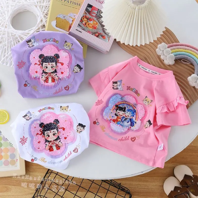 [Store Hot Sale] Children's Pure Cotton Short Sleeve T-Shirt 2025 New Style Girls' Nezha Reversible Sequin Short Sleeve Quick-Dry Thin Summer T-Shirt