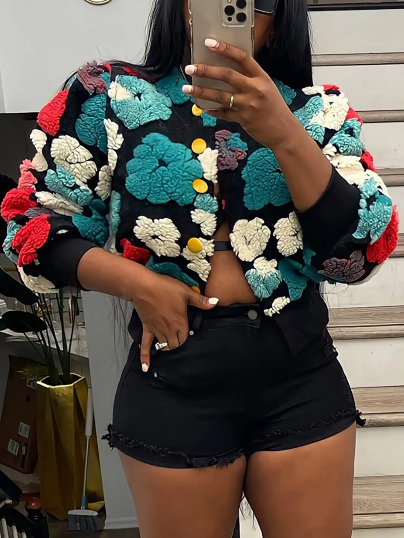 Women's Floral Print Button Front Crop Jacket, Vintage Fashion Long Sleeve Fleece Warm Bomber Jacket, Ladies Clothes for Spring & Fall， Jackets for Women