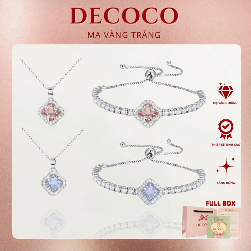 ( Độc Quyền Livestream ) MẠ VÀNG TRẮNG - Bộ phụ kiện dây chuyền và vòng tay nữ Cỏ 4 Lá đính đá CLOVIA De Coco (kèm Túi giấy + Hộp + Thiệp) Móc Khoá vòng hoa vòng tay nữ DECOCO ACCESSORIES