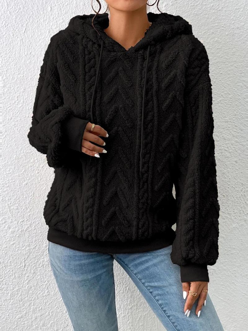 Product Introduction of Women's Plain Textured Drawstring Plush Hoodie, Fashion Casual Drop Shoulder Long Sleeve Hooded Sweatshirt for Daily Outdoor Wear, Yoga Hoodie, Women Clothing for Fall & Winter 9