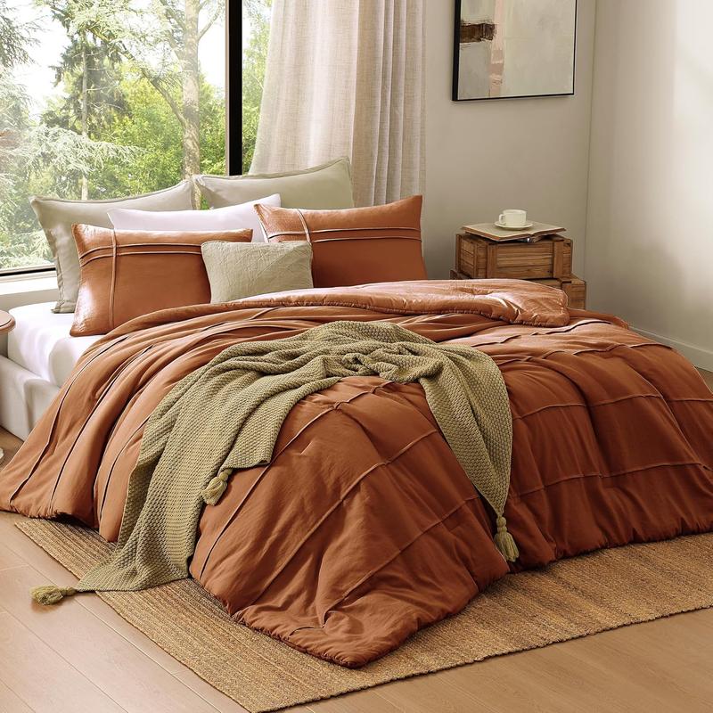 TikTok Shop Burnt Orange Comforter Set Pinch Pleat Bedding Set for Farmhouse Bedding 3 Size Bed Set Warm Fluffy Boho Comforter Sets 2 Shams Burnt Orange 102 90