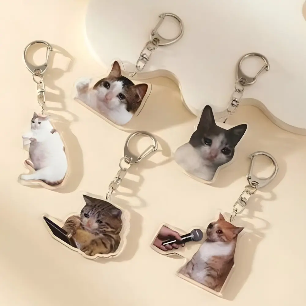 Rantai Kunci Akrilik, Rekaan Kucing Kartun Comel Meme dan Kucing Menangis, Aksesori Hiasan Loket Gantungan Kunci Beg Galas, Sesuai untuk Kanak-kanak, Hadiah Hiasan