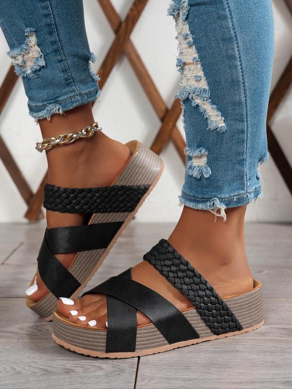 Women's Fashionable Plain Color Wide Band Platform Sandals, Casual Versatile Crossed Straps Sandals for Summer, Lightweight Breathable Comfortable Barefoot Shoes for Daily Wear, Girl 5