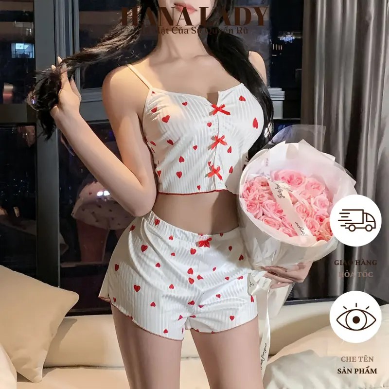 Đồ Ngủ Nữ - Bộ Ngủ Thun 2 Dây Croptop Họa Tiết Trái Tim Đính Nơ VN605 0