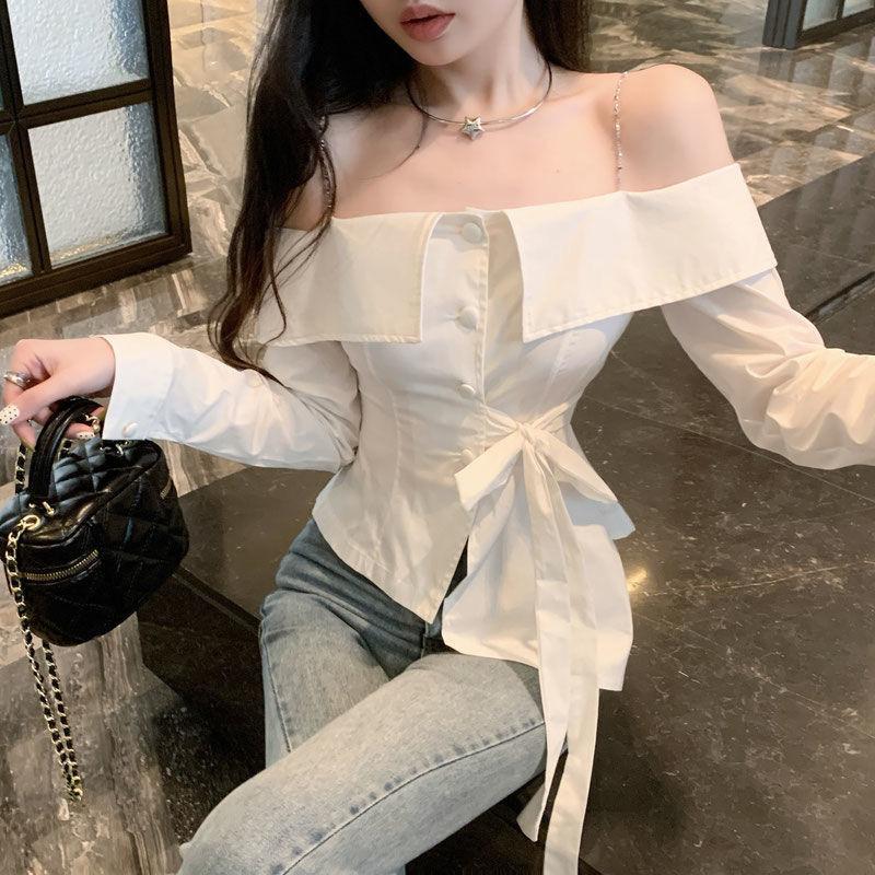 Product Introduction of Áo Sơ Mi Có Dây Đeo Xếp Nhún Phong Cách Pháp, Dành Cho Nữ, Mặc Mùa Xuân Và Mùa Thu, Dễ Thương Và Gợi Cảm, Trễ Vai, Độc Đáo Và Đẹp Mắt, Áo Sơ Mi Có Dây Đeo Trễ Vai Thời Trang 2