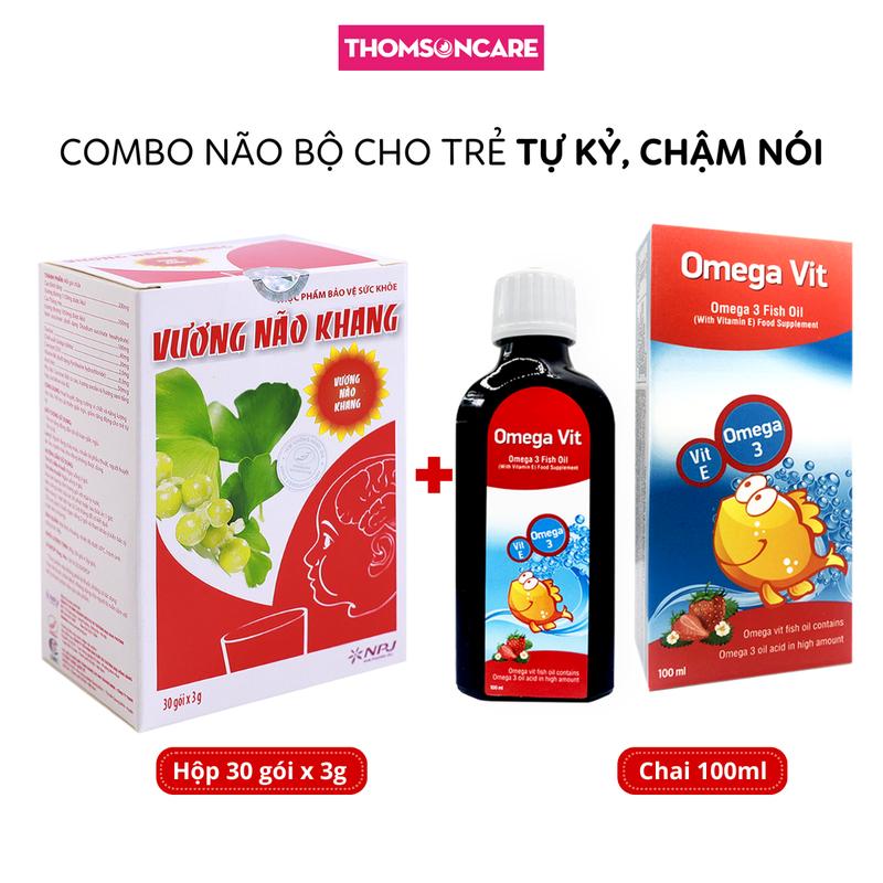 Cốm Vương Não Khang hộp 30 gói và siro Omega Vit 100ml combo hỗ trợ phát triển trí não cho trẻ chậm nói, tăng động, tự kỷ