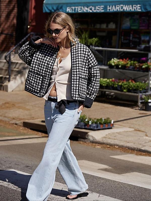 Women's All Over Print Pocket Drop Shoulder Quilted Jacket, Boho Long Sleeve Open Front Outerwear for Fall & Winter, Ladies Clothes for Daily Wear 6
