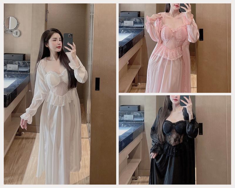  Set đầm ngủ công chúa 2 dây cộng ao choàng xinh xắn chất vải lụa latin mềm mát mịn màng Freesize 4O - 58 Kg Nữ Áo áo  choàng 