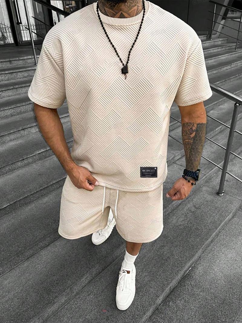 Product Introduction of 2 Pieces Men's Plain Two-Piece Set, Loose Casual Patched Drop Shoulder Tee & Tie Front Pocket Shorts Set, Summer Clothes Set for Men 7