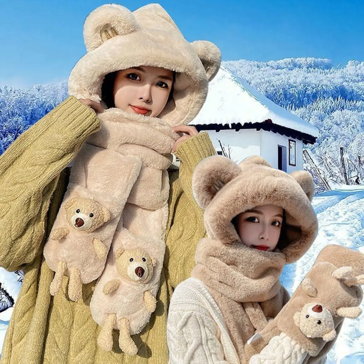 Mũ Trùm Đầu Kèm Khăn Choàng Lông Xù Giữ Ấm Tay Gấu Dễ Phối Đồ Thời Trang Thu Đông Hàn Quốc Mới Nhất - Choàng Cổ, Voi