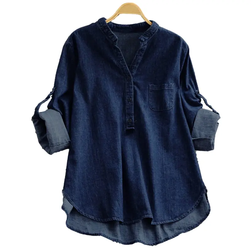 Gonpiny-Áo Sơ Mi Denim Màu Trơn Cho Nữ, Cổ Đứng Nhỏ, Nút Cổ Chữ V, Đường Viền Cổ Áo, Dài Tay, Dáng Rộng, Vừa Vặn, Áo, Thời Trang Dạo Phố 6