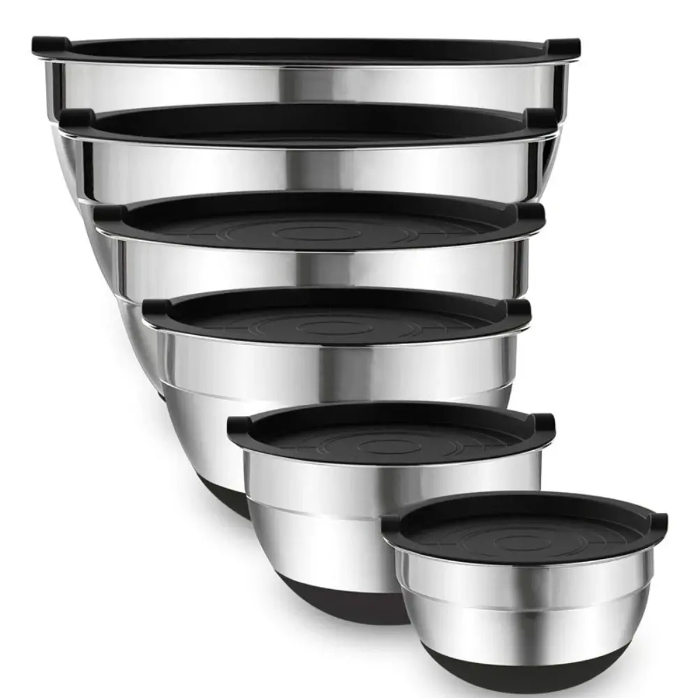 New Stainless Steel Mixing Bowls With Lids Non Slip Bases Storage Bowls Silicone Bottom Baking Nesting Egg Mixing Bowl