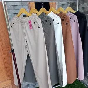 ZILKA - Celana Kulot Linen Crinkle Standar Jumbo Highwaist dengan Pinggang Karet Muter Saku Variasi Kancing Bahan Katun Linen Crinkle Premium Tebal Serut Panjang untuk Wanita