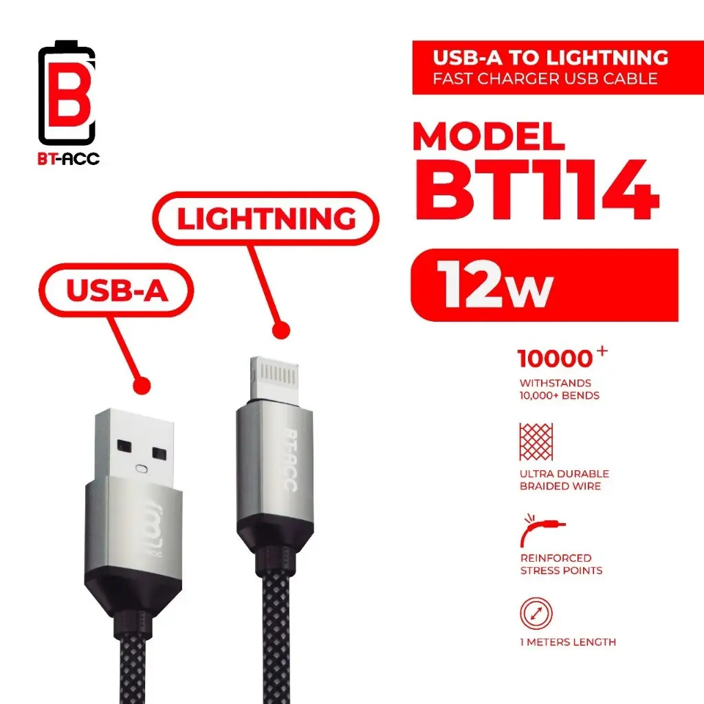 BT-ACC Kabel Data 12W USB A To Lightning For iPh 5 6 7 8 Plus SE X XR XS Max Fast Charging - BT114