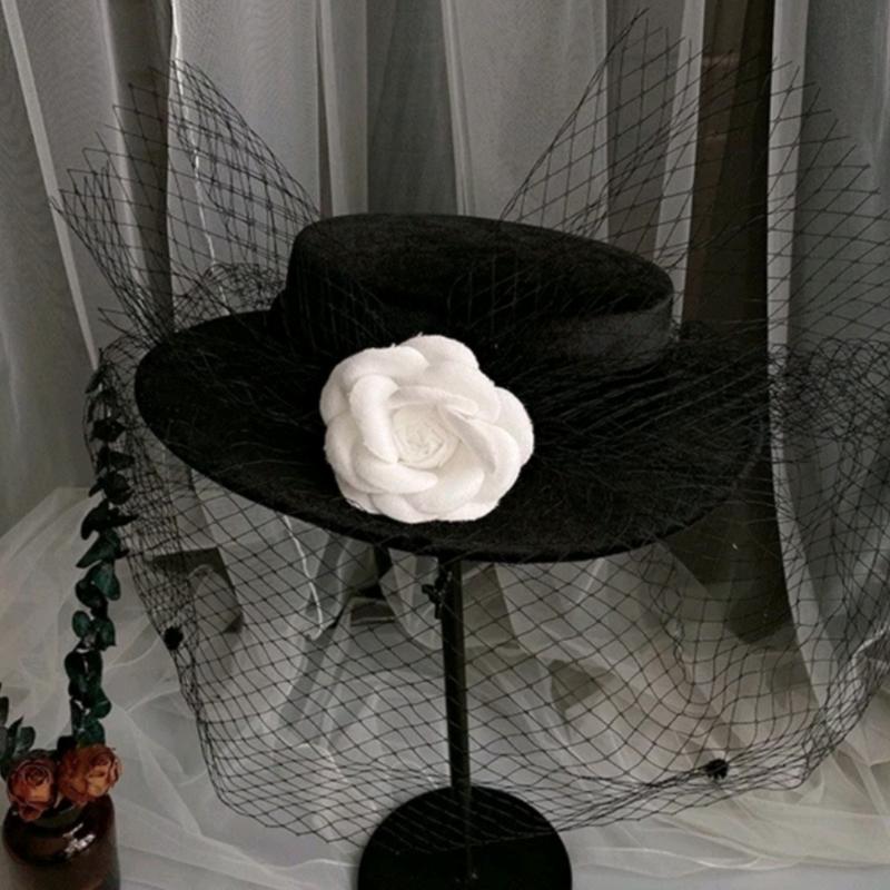 Mũ Dạ Boater ĐB Mix Hoa Trà Phối Lưới Che Mặt Phong Cách Cổ Điển