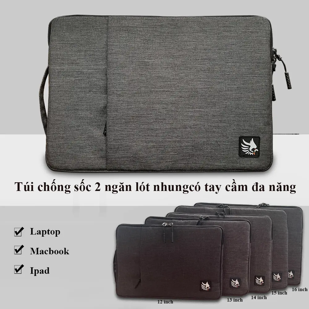Túi Chống Sốc Laptop, Macbook, Ipad 2 Ngăn Dây Kéo Ngang Lót Nhung Quai Xách bao