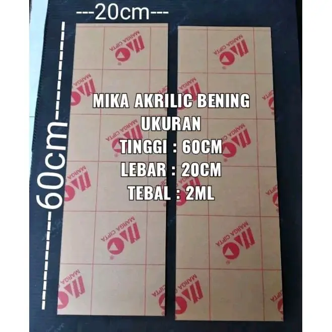 Mika akrilik bening lembaran ukuran panjang 60cm lebar 20cm tebal 2mm