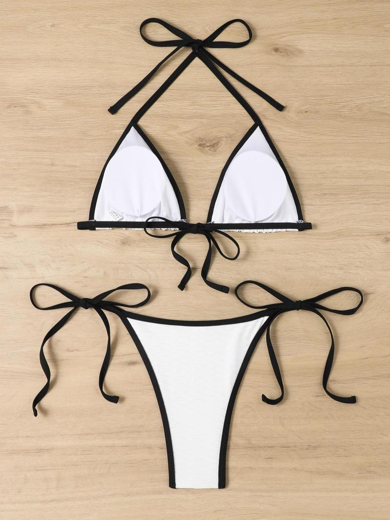 Product Introduction of Two-Piece Set Women's Boho Contrast Binding Bikini Swimsuit, Halter Neck Tie Back Triangle Swim Bra & Tie Side Swim Bottom, Ladies Summer Swimwear for Beach Holiday Vacation 18