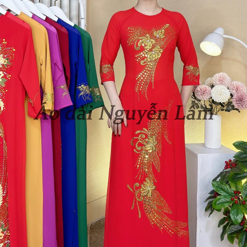 A65 ĐỎ - ÁO DÀI LỤA ĐÍNH HOA VẼ THỦ CÔNG LẤP LÁNH [CO GIÃN NHẸ, THẤM HÚT] Nữ Women Dress 3