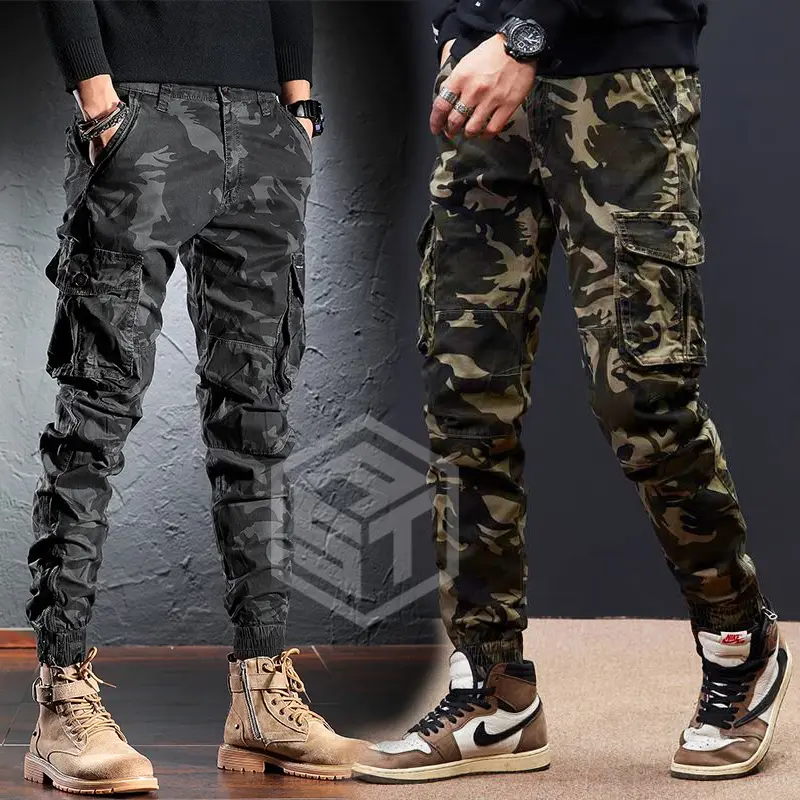 Celana Panjang pria Motif Cargo Camouflage Warna Black dan Brown Bahan Twill Tebal