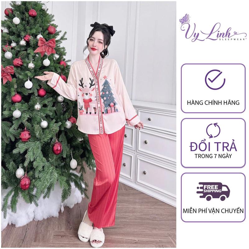 Bộ Đồ Ngủ Quần Dài Cổ Y Dành Cho Nữ Hoạ Tiết Noel Chất Liệu VảI Lụa Latin Cao Cấp S1081 Noel bộ  ngủ