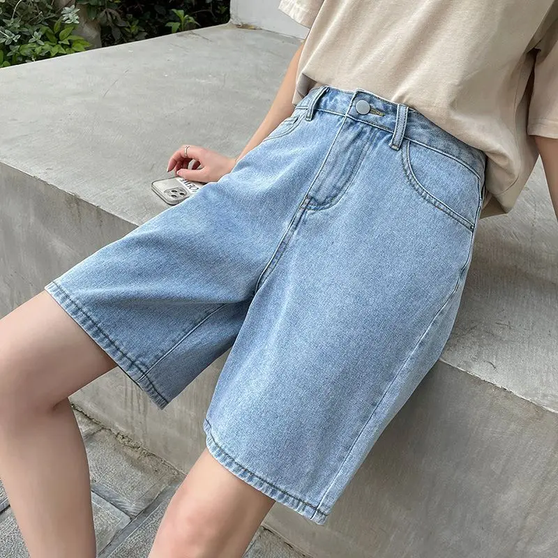 Celana Kaki Lebar Longgar Baru Musim Panas Celana Pendek Denim Pinggang Tinggi Celana Lurus Baru Pelajar Slim-Fit Wanita/Q043 2