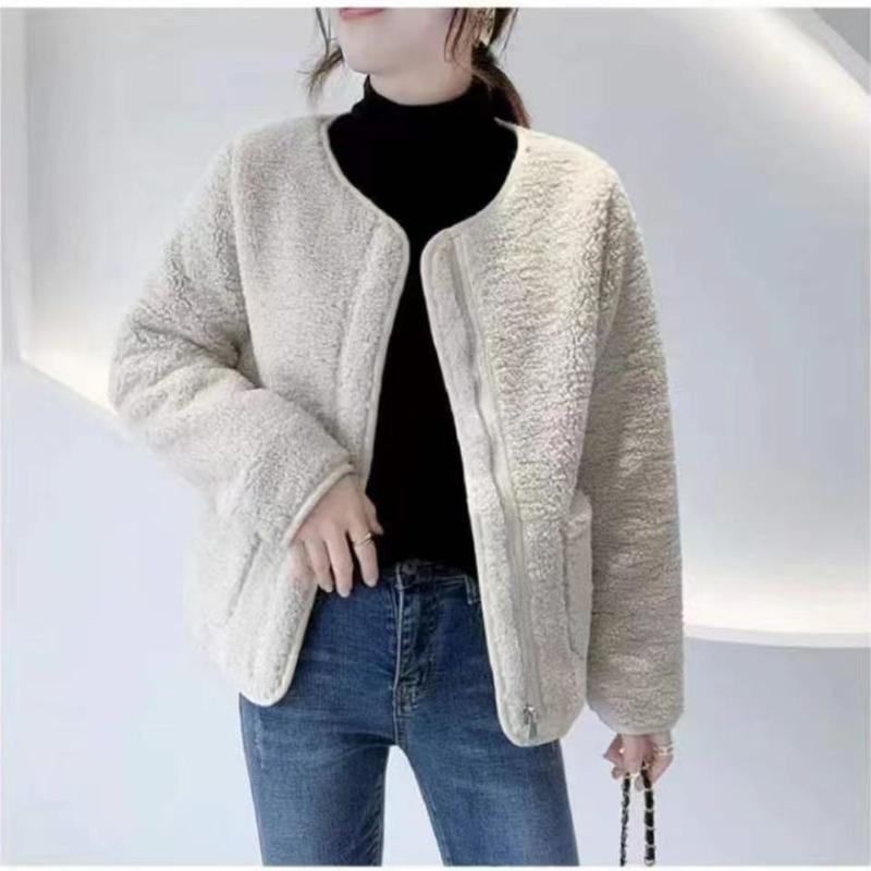 Product Introduction of round Neck New Women's Autumn and Winter Western Style Korean Style Loose Fleece Coat Fleece Short Cardigan Jacket 9