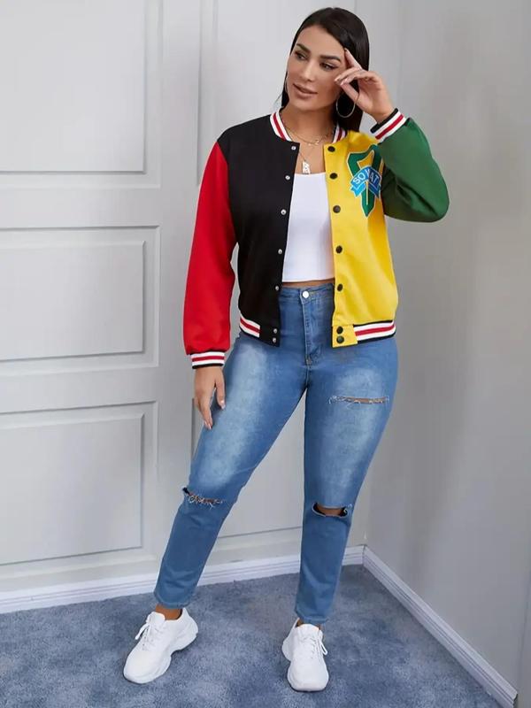 Women's Colorblock Letter Print Button Front Varsity Jacket, Fashion Casual Drop Shoulder Mock Neck Outerwear for Daily Outdoor Wear, Women Clothes for Spring & Fall 3