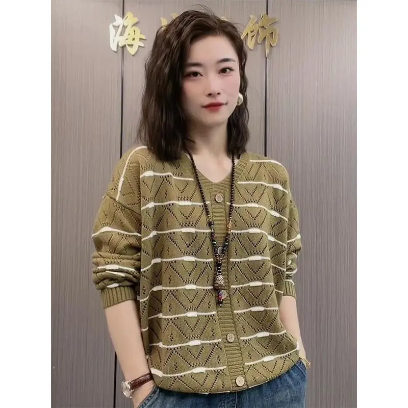 Áo Len Mỏng, Thiết Kế khoét Dáng Rộng Vừa Vặn, Dành Cho Nữ, Thời Trang Mới Mùa Xuân Và Mùa Hè, Dễ Phối Đồ, Dài Tay, Áo Cổ Chữ V 0