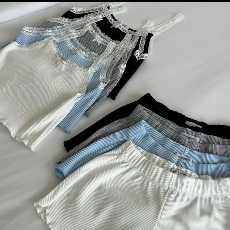 ￼[ Hàng mới về ] Sét bộ ngủ đồ bộ nữ áo 2 dây thun phối ren kèm quần đùi cuốn biên viền chất vải thun tăm lạnh mã tp99