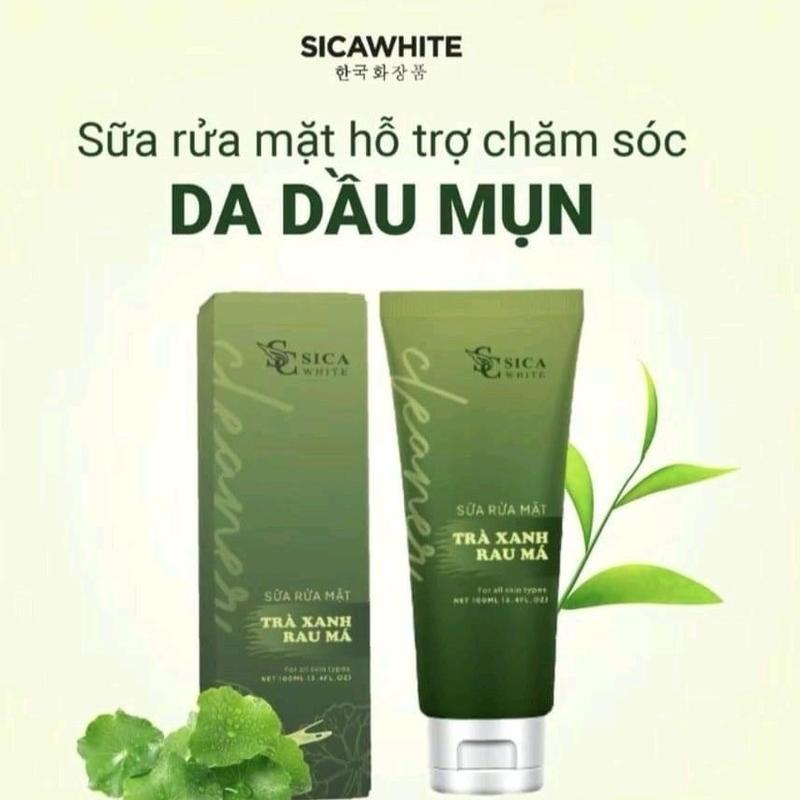 sữa rửa mặt trà xanh rau má sica white, sữa rửa mặt 3W trà xanh cho da dầu mụn Skincare Collagen