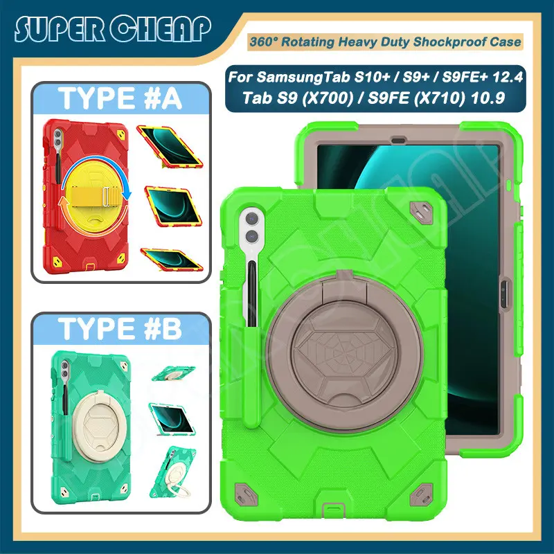 For Samsung Tab S9 S9FE X710 S9+ S10+ X820 S9FE+ X710 S9 Plus 360° Rotating Handle Kickstand Cover 3 in 1 Heavy Duty Shockproof Case