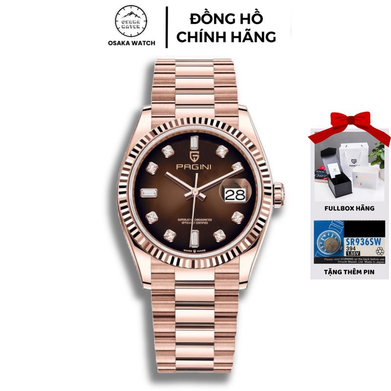 Đồng Hồ Nam Pagini Datejust PA9933 Mặt Đính Đá Dây Thép Không Gỉ Đúc Đặc Fullbox Chính Hãng - Osaka Watch Đeo Tay Đèn
