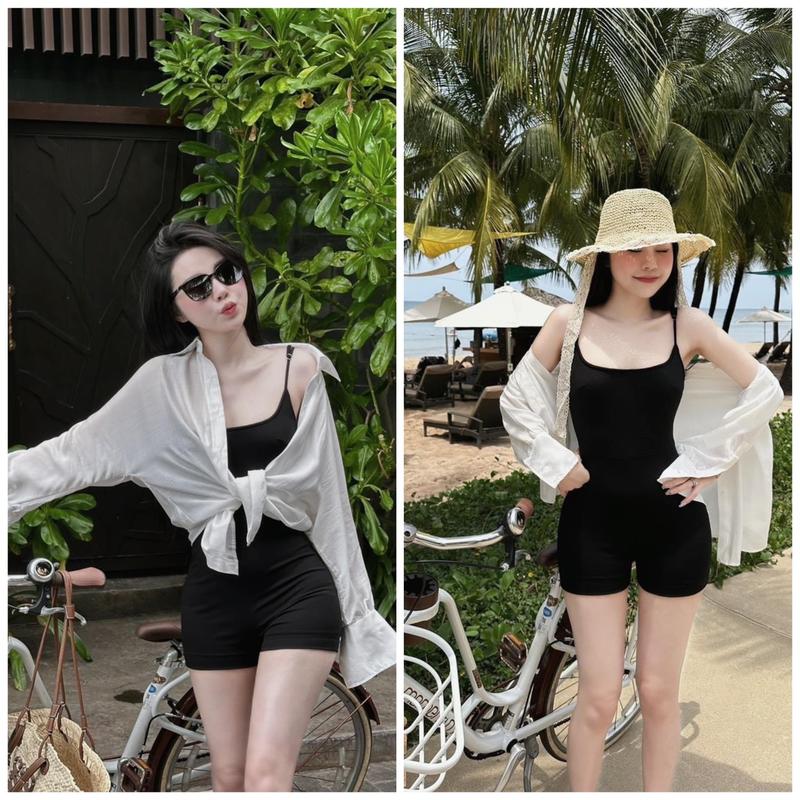 Sét 2 món (áo khoác + jum đùi) jum dùi nữ hai dây chất thun tăm phối áo khoác đũi vân tay dài phù hợp đi chơi đi biển