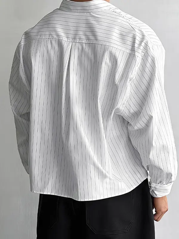 Men's Striped Print Long Sleeve Crop Shirt, High Stretch Casual Comfy Button Front Collared Top for Daily Wear, Men's Clothes for All Seasons,  Streetwear 1