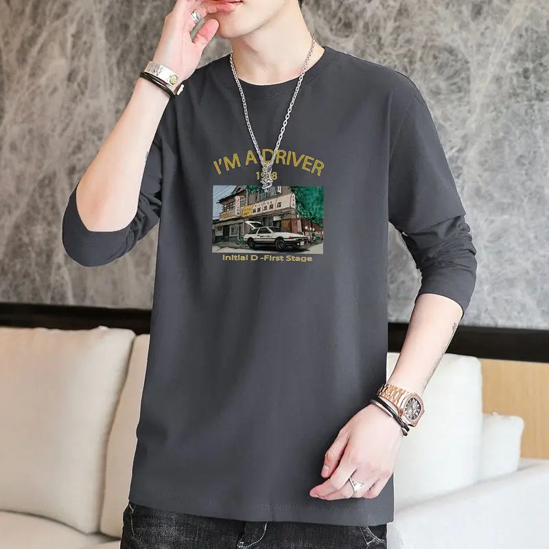 Trang Phục Mùa Xuân Và Mùa Thu Cho Nam, Áo Mặc Bên Ngoài Cotton Nguyên Chất, Phong Cách Hợp Xu hướng Áo Thun Dáng Rộng Cho Nam, Cổ Tròn, In Hình, Áo Dài Tay, Áo Phông Quần Áo, Áo Lớp Nền
