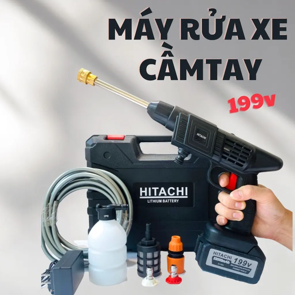 Máy rửa xe Hitachi 199V - Máy xịt rửa sân vườn, Máy xịt rửa cao áp có tạo bọt tuyết tặng kèm bình tạo bọt
