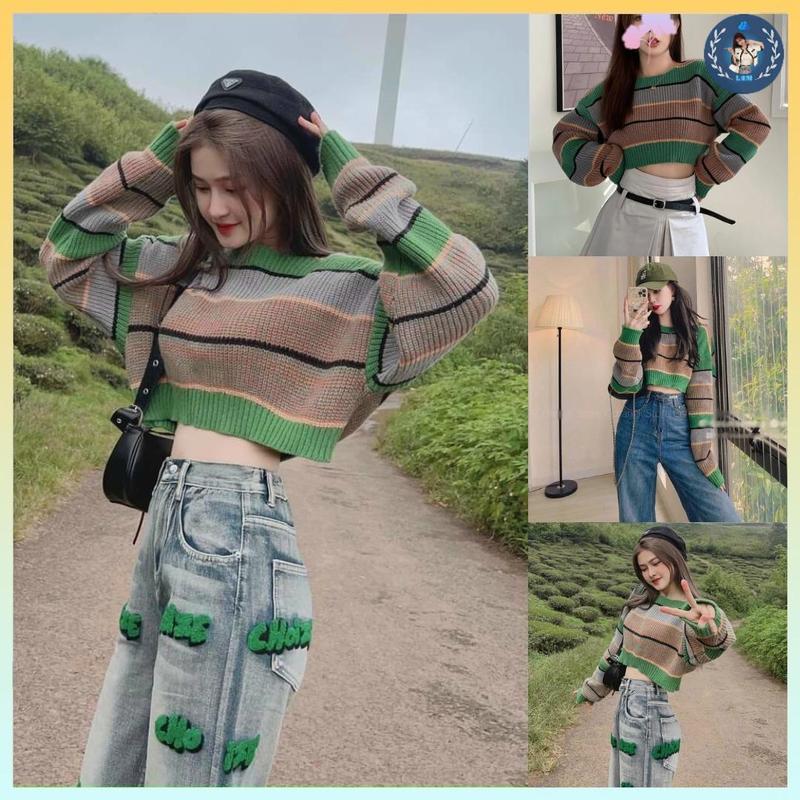 A051 Áo len thun Montoghi hàng dệt kim cổ tròn TAY DÀI dáng CROPTop Women Fashion ngắn kẻ sọc xanh loại 1 Hàn Quốc đi Đà Lạt - L2M Top Women Fashion 【 hoa hồng 【 Hỏa tốc