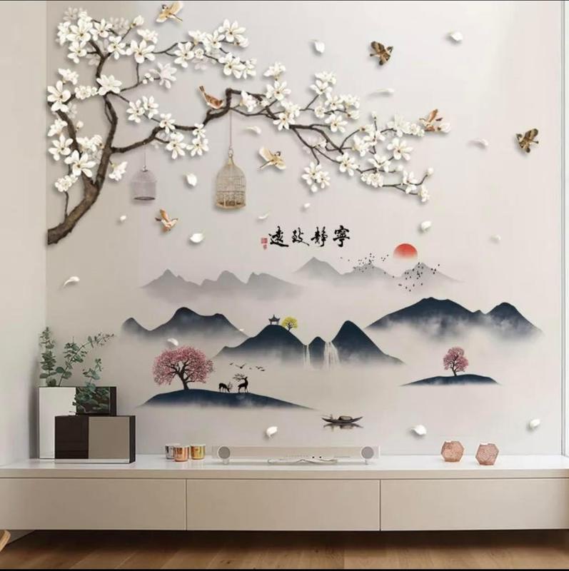  decal dán tường phong thủy combo hoa đào mây núi trang trí phòng trang trí nha cửa Decor 