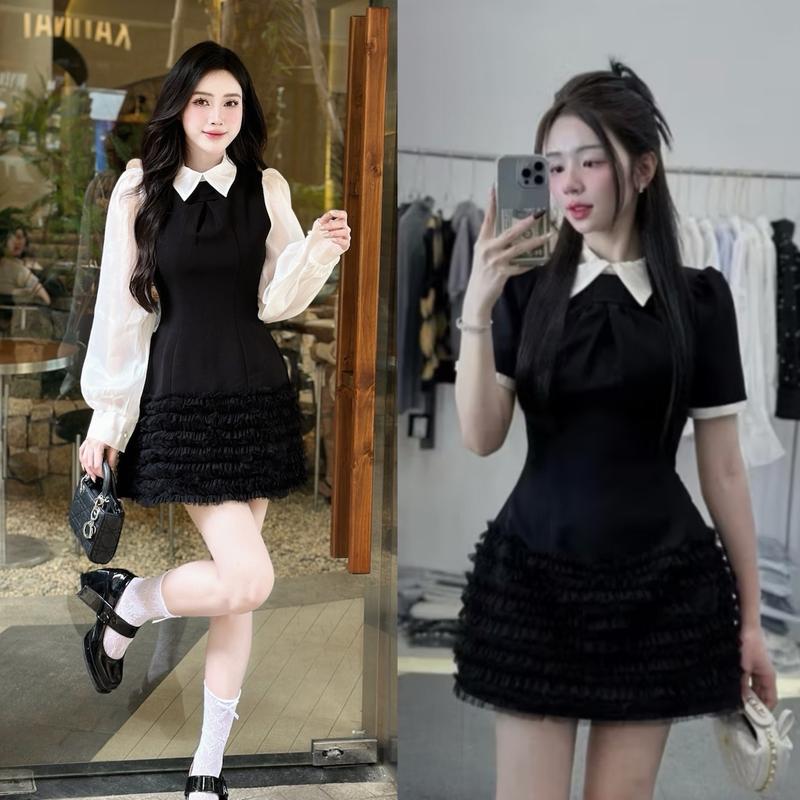 Váy nữ cộc tay thiết kế cổ sơ mi sang chảnh đầm dự tiệc chất tuyết mưa phối tơ bèo sóng Keelin beaty Nhung Women