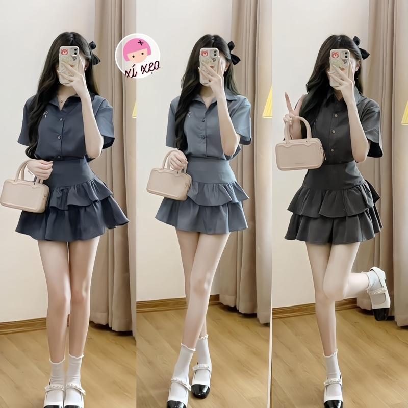 Set áo sơ mi thêu nơ  kèm chân váy 2 tầng phong cách hàn quốc  xixeoshop - s131 Nữ Women