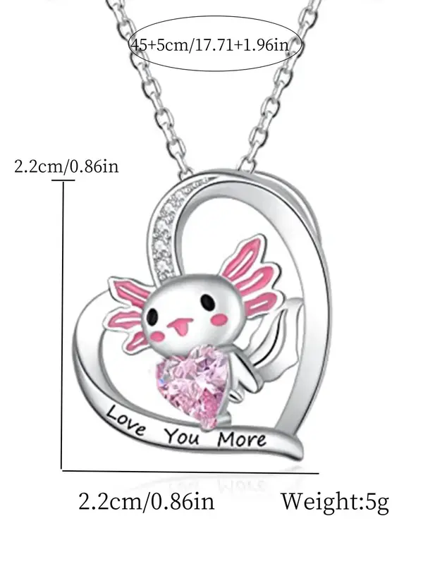 Cute Cartoon Axolotl & Heart Rhinestone Pendant Necklace for Kids, Hollow Out Heart Letters Print Necklace, Fashion Jewelry for Party, Daily Clothing Decor, Trendy All-match & Exquisite Jewelry for Kids' Birthday Gifts, Valentine's Day, Gift 1